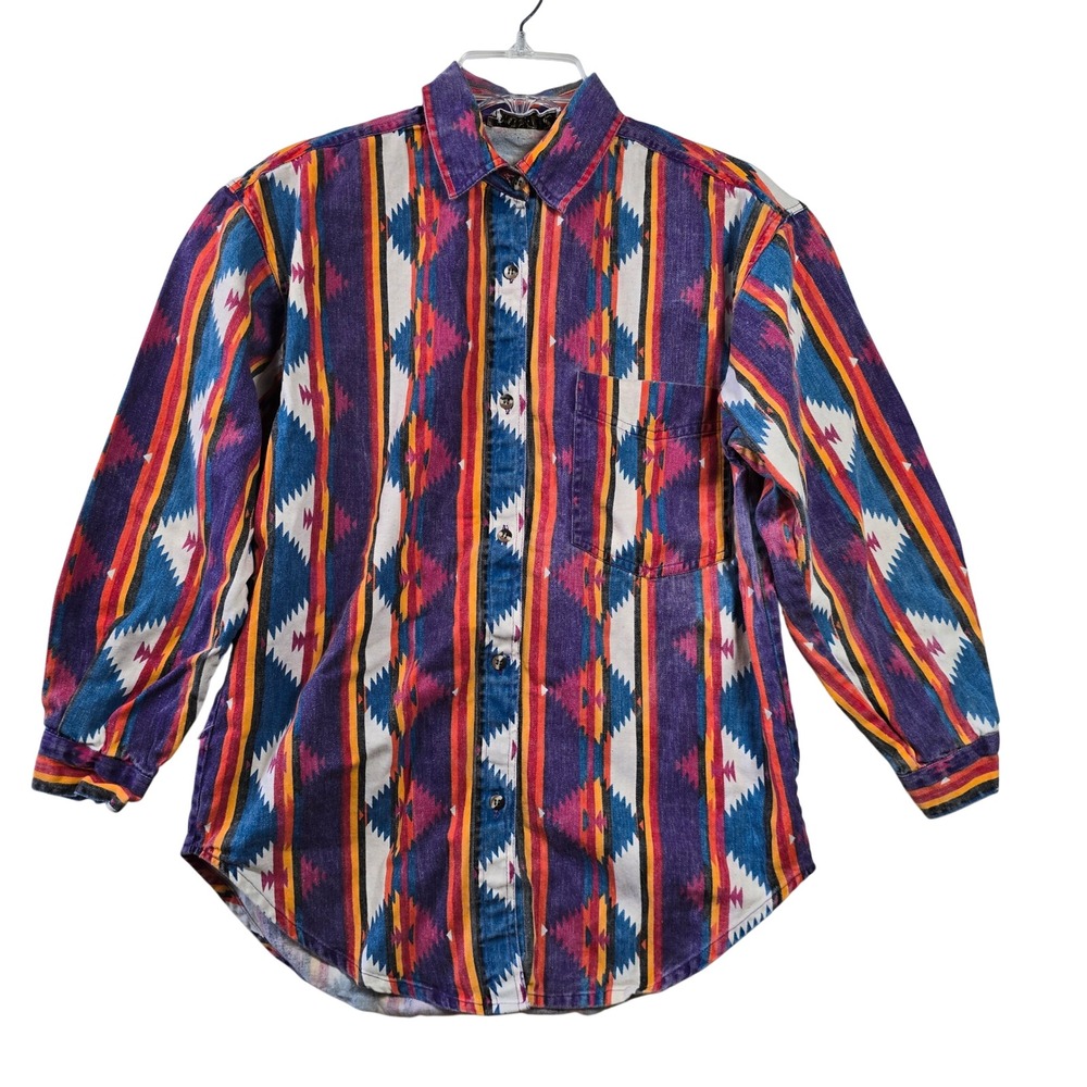 QUIZZ Vintage Southwestern Aztec Print Cotton Button Down Shirt Purple Small 90s